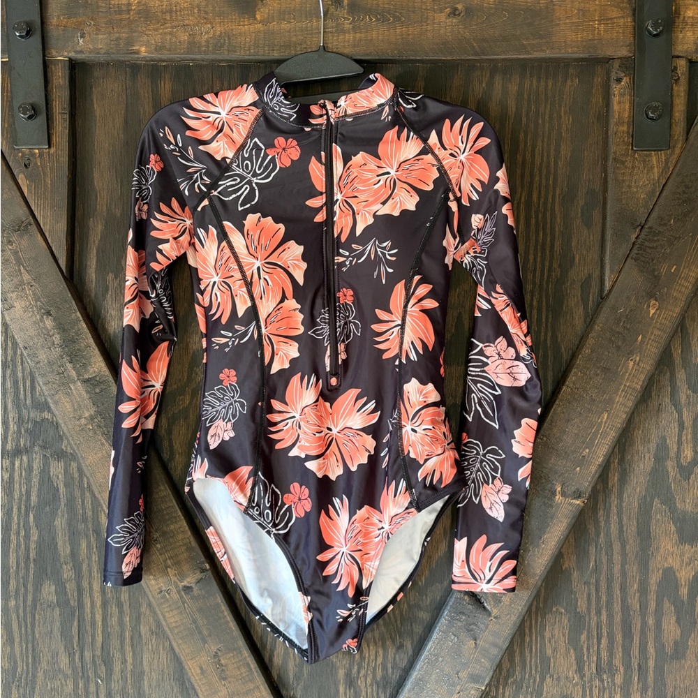 Long Sleeve Floral Print Swimsuit XS